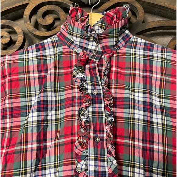 Plaid Ruffle Blouse Sz 10 Vintage Red Green Preppy Academia 1980s Chic - Picture 13 of 16